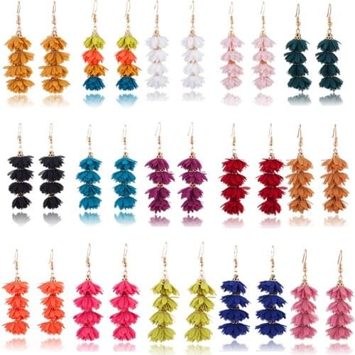 2020 Fashion cloth flower long fringe earring Boho Handmade tassel dangle drop earrings Women Charm party wedding jewelry