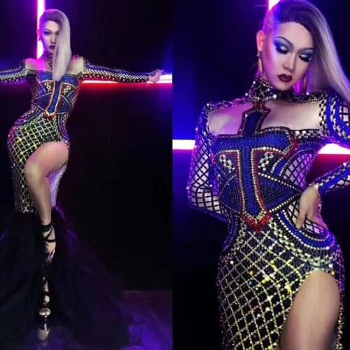 Sexy Dance Costume Women Rhinestone Dress Nightclub Pole Dance Performing Clothing DJ DS Gogo High Slitting Party Stage Wear