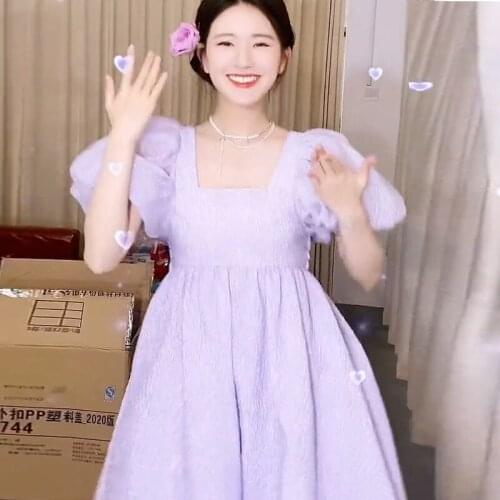 Women Purple Princess Dress 2021 Summer New French Sweet Fairy V-neck Waist Puff Sleeve Party Dress Female