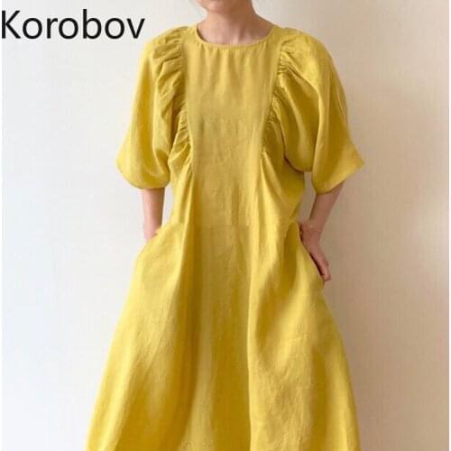 Korobov 2020 Summer Chic Sweet Women Dress Korean Solid High Waist Female Dresses Vintage Short Sleeve Robe Femme 2a709