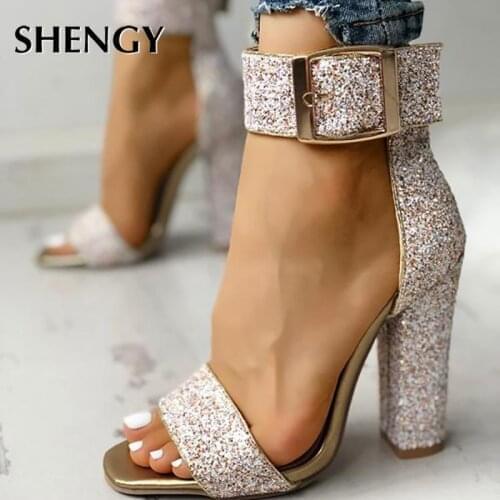 2020 Sexy Peep toe Shallow Mouth High Heels Nightclub Thin Heels Womens Shoes Banquet Wedding Bling Shoes