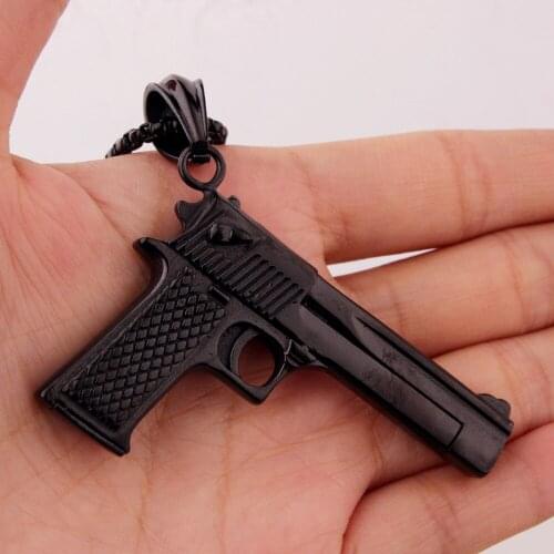 Cool Hip Hop Mens Full Black 316L Stainless Steel Pistol HandGun Pendant Box Chain Necklace Unisexs Biker Jewelry Box Chain