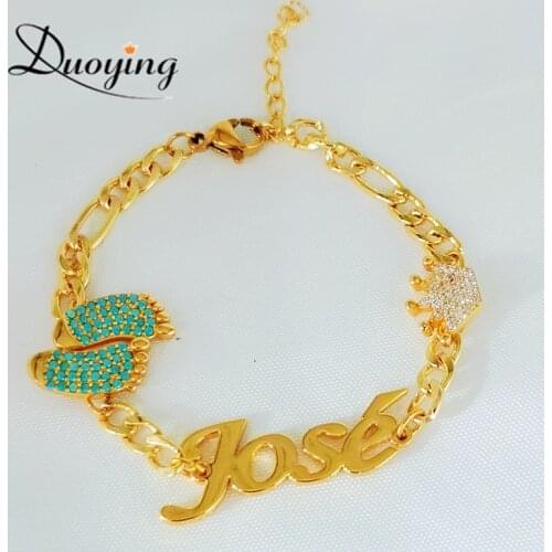 Duoying Baby Name Bracelet Personalized Name Bracelet Baby Foot Crown Zircon Charm Color Stones Thick Chain Custom Bracelet Gift