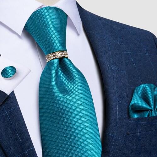 Fashion Teal Blue Necktie 8cm Mens Necktie Pocket Square Tie Ring Men Casual Suits Tie Gravatas Gift For Men DiBanGu