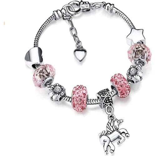 Cartoon Unicorn Beads Charm Bracelets For Women Romantic Silver Color Snake Chain Bracelet Bangle For Kids Brand Jewelry Gift