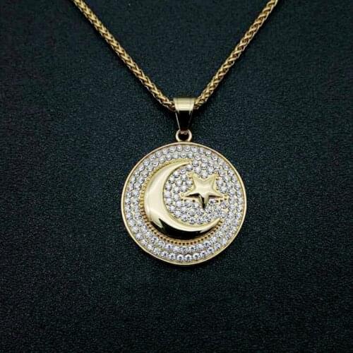 Islam Muslim Unisex Talisman Jewelry Star Moon Round Pendant Necklace Talisman
