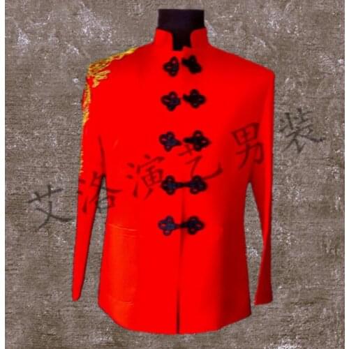 Men chinese tunic suits designs stage costumes for singers men blazer dance clothes jacket style dress embroidered dragon red