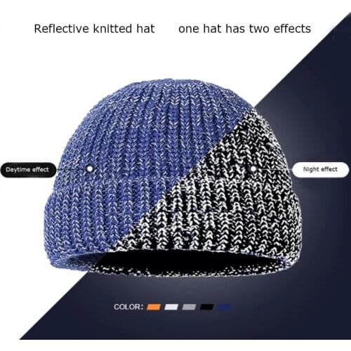 Autumn and winter reflective silk knitted woolen hat men and women fashion trend melon leather hat personality wild cuff hat