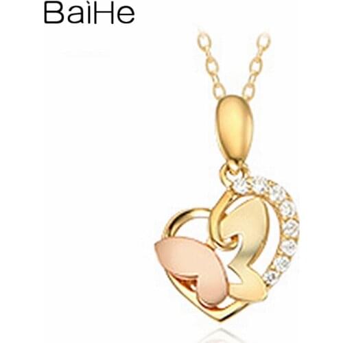 BAIHE Solid 18K Yellow Rose Gold 0.16ct Round Diamond Women Wedding Fine Jewelry Beautiful heart butterfly Pendant Necklaces