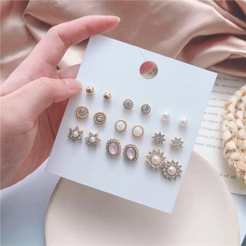 New Trendy 9Pairs/Sets Rhinestone Stud Earring Set For Women Girl Cute Mixed Gold Crystal Flower,Opal,Pearl Punk Earring Sets