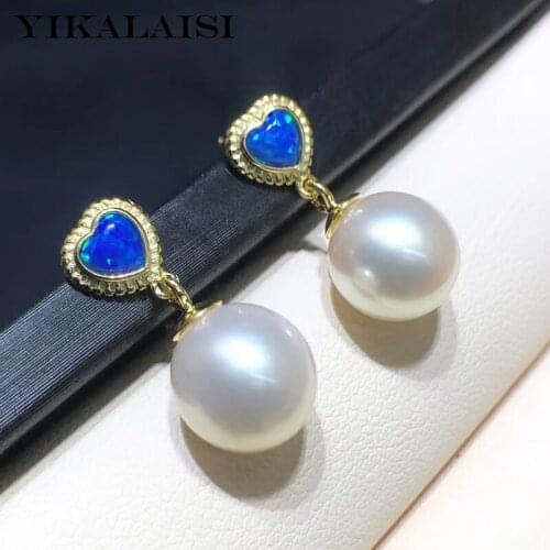 YIKALAISI Love 8-9mm Natural Freshwater Pearl Earring Jewelry For Women 925 Sterling Silver Earrings Blue zircon Wholesale