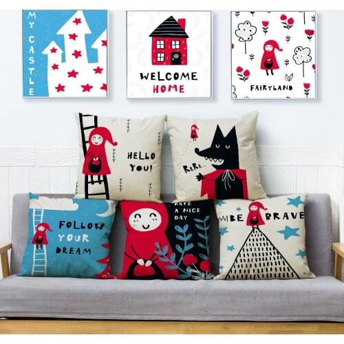 Cute Fairy Tale Little Red Riding Hood Cushion Cover 45*45cm Linen Pillow Covers Throw Pillows Cases Sofa Home Decor Pillowcase