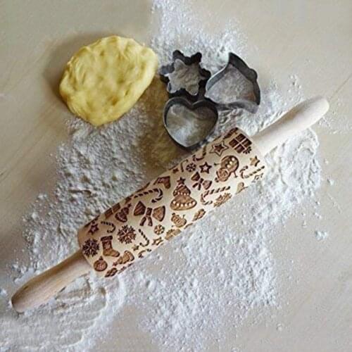 Christmas Gift Pattern Embossing Rolling Pin For DIY Kitchen Gingerbread Cookies J2Y