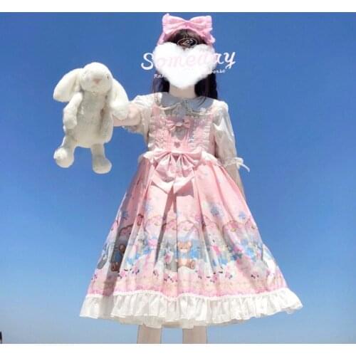 Japanese Lolita Jsk Dress Dream Amusement Park Cute Printing Sling Bowknot Tea Party Princess Summer Dress