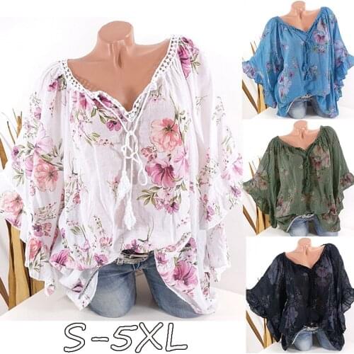Women Floral Batwing Short Sleeve Loose T-Shirt Ladies Summer Casual Tops New Fashion