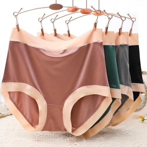 Large Size High Waist Satin Briefs Sexy Color Matching Women Underwear Summer Ice Silk Ladies Panties Comfortable Lingeries 106