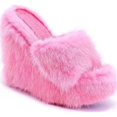 2021 Winter Slippers Women Warm Fluffy Platform Round High Heels Head Wedges Full Mink Soft Sandals Fashion Outdoor Female 43