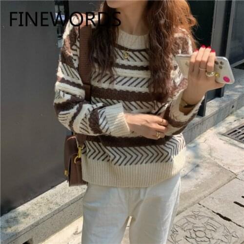 FINEWORDS Vintage Korean Striped Knitted Women Sweater Winter Harajuku Christmas Pullover Casual Streetwear Knit O Neck Jumpers