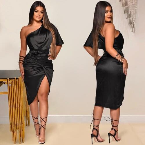 2021 Best Quality Famous Brand Women Dress Diagonal Collar Asymmetrical Solid Color