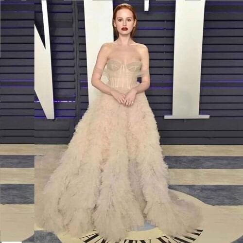 2019 New Elegant Beige Long Feathers Mesh Off The Shoulder Strapless Backless Mermaid Dress Evening Celebrity Party Vestidos