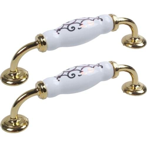 1 Pair Gold Flower Print White Ceramics Door Drawer Handle Pull Knobs Gold-Zine Alloy Base (Tone Height: 128Mm / 5.04Inch)
