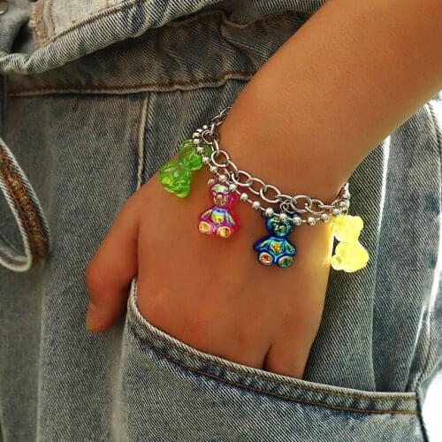 2020 Rainbow Multicolor Cartoon Bear Bracelet Candy Color Resin Gummy Pendant Bracelet Women Cute Funny Sweet Jewelry BFF Gift