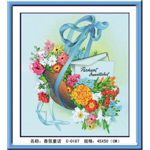 3D flower basket Ribbon embroidery kit with needle canvas paint handcraft stain DIY handmade needlework wall art decor gift 329