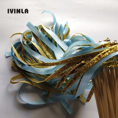 50pcs/lot gold glitter wedding stain ribbon wands wedding stick wedding confetti for wedding party decoration 50Pieces/Lot