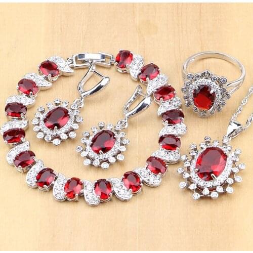 925 Sterling Silver Jewelry Sets Red Cubic Zirconia White CZ Beads Decoration For Women Earrings/Pendant/Necklace/Rings/Bracelet