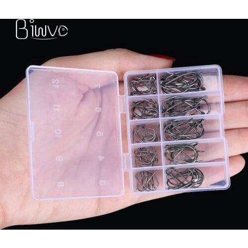 Biwvo 100Pcs/lot High Carbon Steel Barbed Fishhooks In A Box Single Hook Goods For Sea Fishing Accessories Fish Tackle