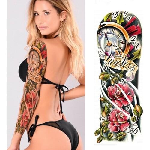 Large Arm Sleeve Tattoo Waterproof Temporary Tattoo Sticker Skull Angel Rose Clock Men Full Flower Tatoo Body Art Tattoo Girl