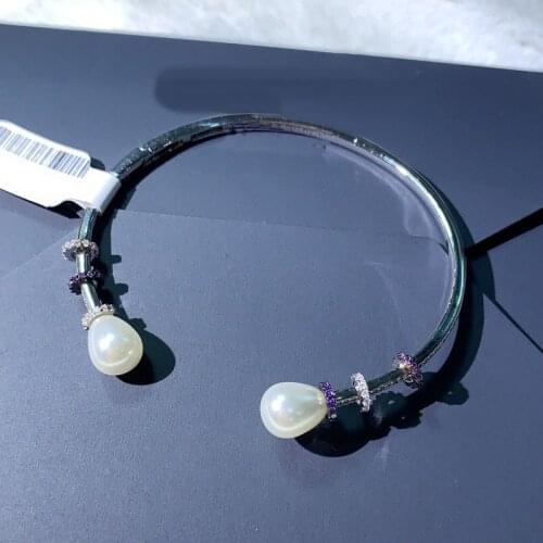 Brand 1:1Luxury Copper Bangle High Quality Fashion Fancy Pearl Open Cuff Purple White Zircon Stones Women Romantic Bracelet