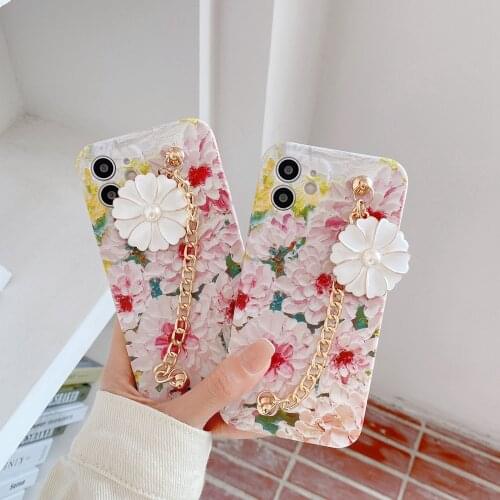 Oil Painting Peony Flower Bracelet Phone Case for iPhone 12 Pro Max 11 Promax X XS XR 7 8 Plus Chain Smooth feel Soft Shell