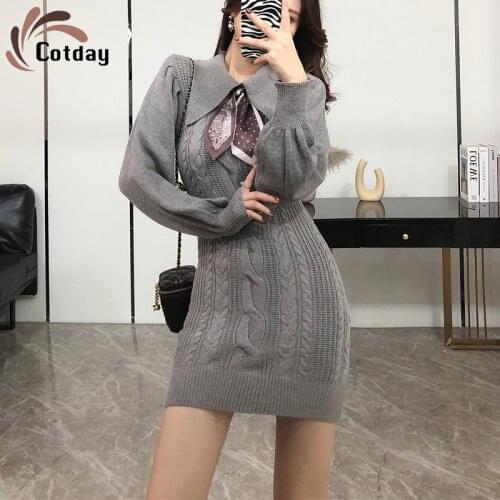 Cotday Knit Bodycon Waist Peter Pan Collar Gray Fashion Mini High Elastic Dress Women Autumn Casual Lovely Sweater Lady Robe