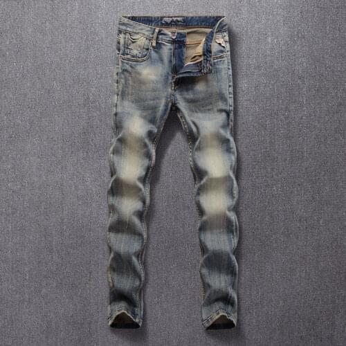 European Vintage Fashion Men Jeans High Quality Elastic Cotton Slim Fit Ripped Jeans Men Distressed Designer Casual Denim Pants