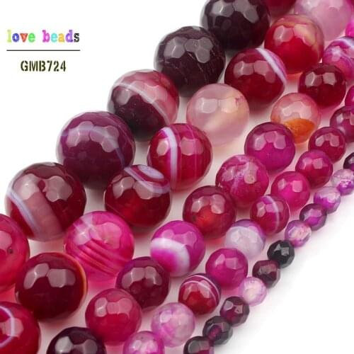 Faceted Fuchsia Striated Agates Round Beads for Jewelry Making 15" Pick Size 4/6/8/10/12mm Diy Bracelet Necklace