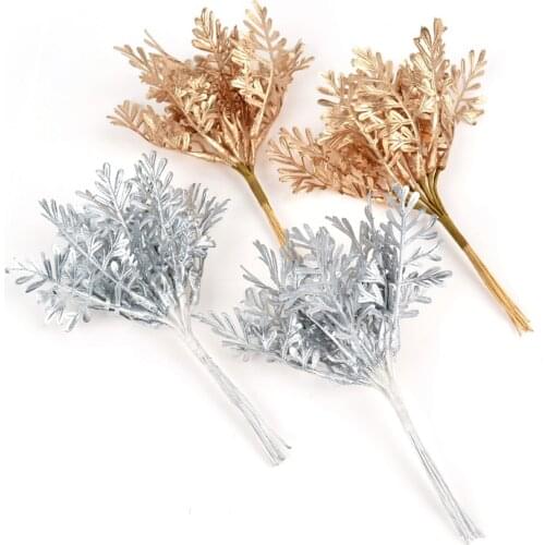 Silver Gold Leaves Artificial Plants Bouquet for Christmas Wedding Decoration DIY Scrapbook Handmade Craft Fake Flowers Decor