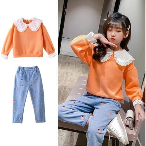 GIrls Clothing Sets Korean The Spring And Autumn Models Big Girl Doll Collar Sweater+ Jeans Printing Strawberry ChildrenS Suit