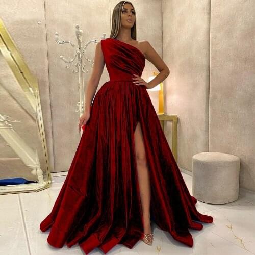 Red/Blue One Shoulder Satin Prom Dresses High Split Pleated Skirt Formal Party A Line Evening Gowns Floor Length Zipper Back