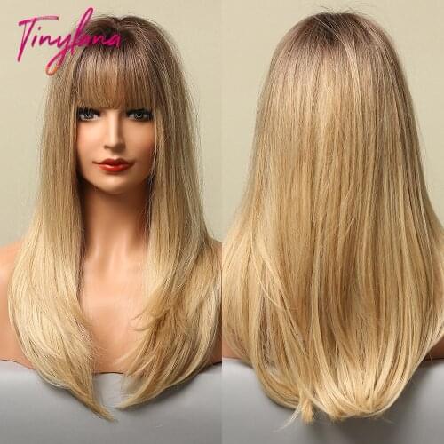 TINY LANA Ombre Ash Brown Blonde Synthetic Wigs with Full Bangs Long Silky Straight Wigs For Women Cosplay Party Heat Resistant