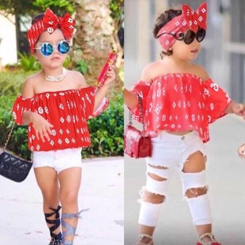 2021 Fashion Girls Clothes Summer 3PCS Boat Neck Bare Shoulders Girls Sets Chiffon Cotton Tops Ripped Jeans Headwear Print