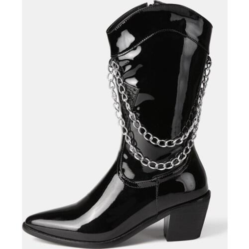 Arden Furtado 2020 winter fashion Metal chains Chunky heels Pointed toe black white Front zipper Half boots Womens boots 41 42