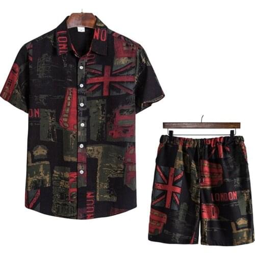 Mens Sets Short Sleeve Beach Hawaiian Shirt and Shorts Set Men Summer Casual Cotton Linen Floral Shirt Two Piece Suits Set M-5XL