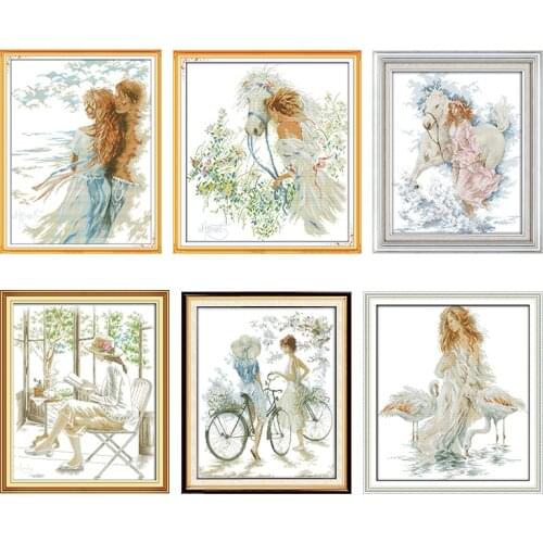 Cross Stitch Kits White Horse and Girl Stamped Fabric Printed 11CT 14CT Print Counted Decoration Craft Embroidery Needlework Set