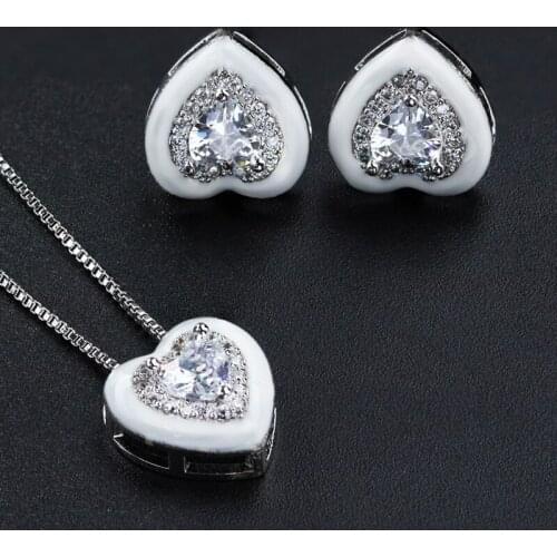 Newranos Heart Shape Enamel Jewelry Sets Zirconias Pendant Necklace&Stud Earrings Sets for Women Fashion Jewelry SQM001562