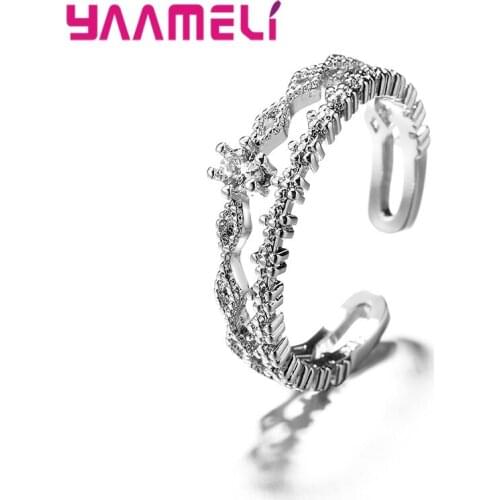 Delicate 925 Sterling Silver Double Layer Cubic Zirconia Finger Open Adjustable Rings For Women Party Gift Fine Jewelry Bijoux