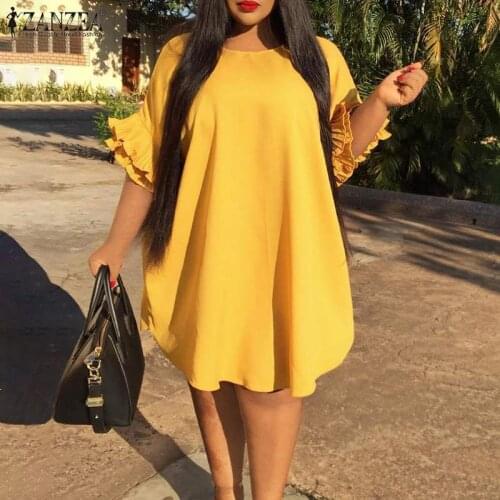 ZANZEA Solid Flare Sleeve Robe Women Elegant Ruffle Vestido 2021 Fashion Casual Baggy Dresses Oversize Summer Fashion Knee Dress