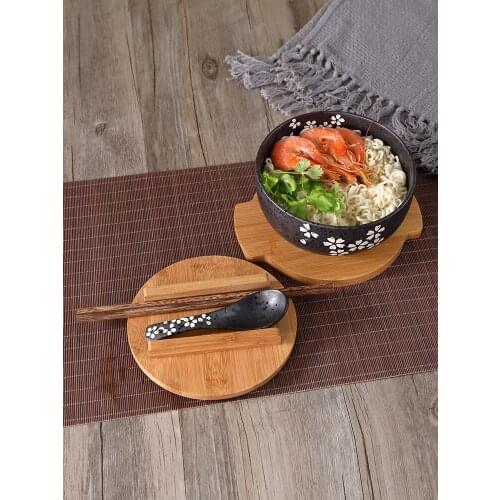 Japanese cuisine sakura tableware Korean cherry retro soup rice bowl tray black ceramic bowl with covered spoon chopsticks set