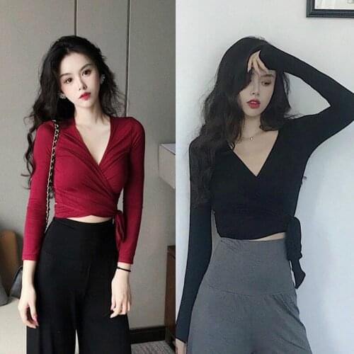 Casual Women Shirt Sexy Slim V-neck Solid Long Sleeve Crop Tops