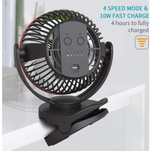 Rechargeable Clip Fan USB Desktop 4 Speed Fast Charging Portable Suitable for Baby Stroller Car Office Treadmills and Homes